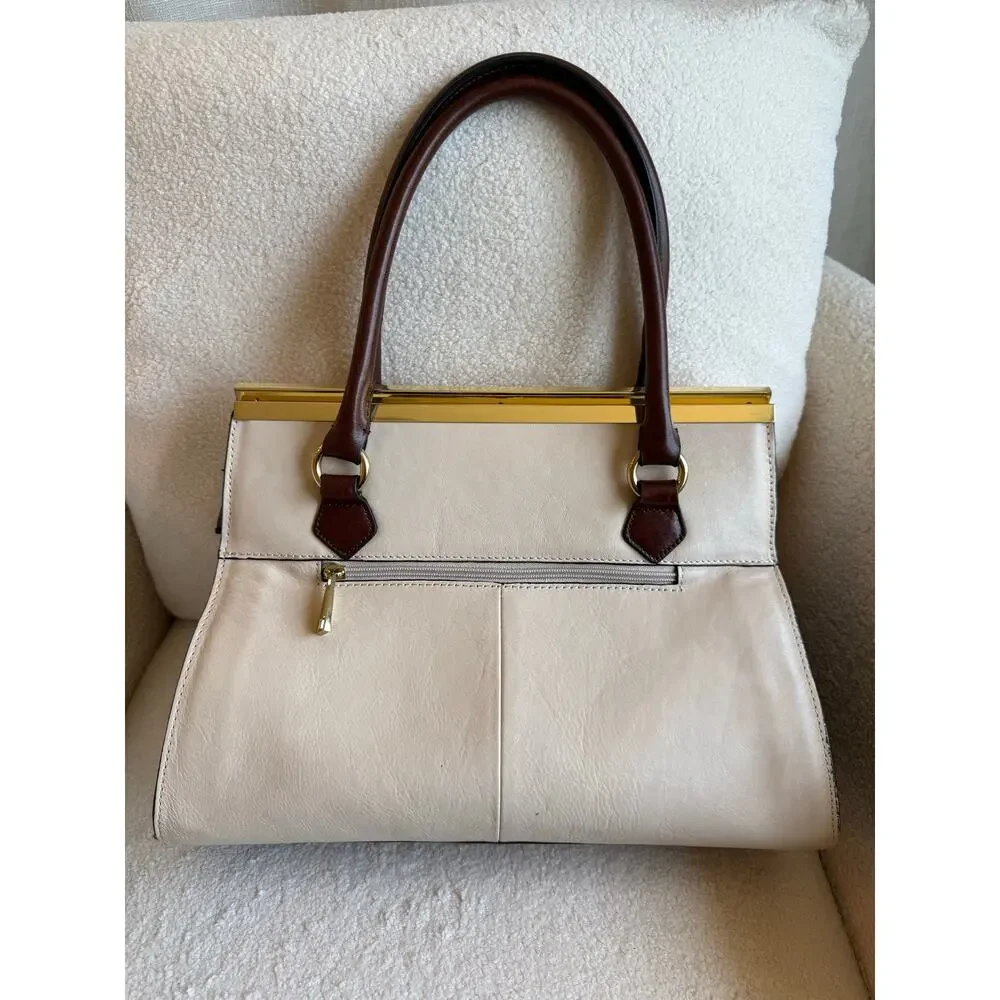 Wilsons Satchel Handbag Women's Cream/Brown/Black Leather MultiColor Colorblock